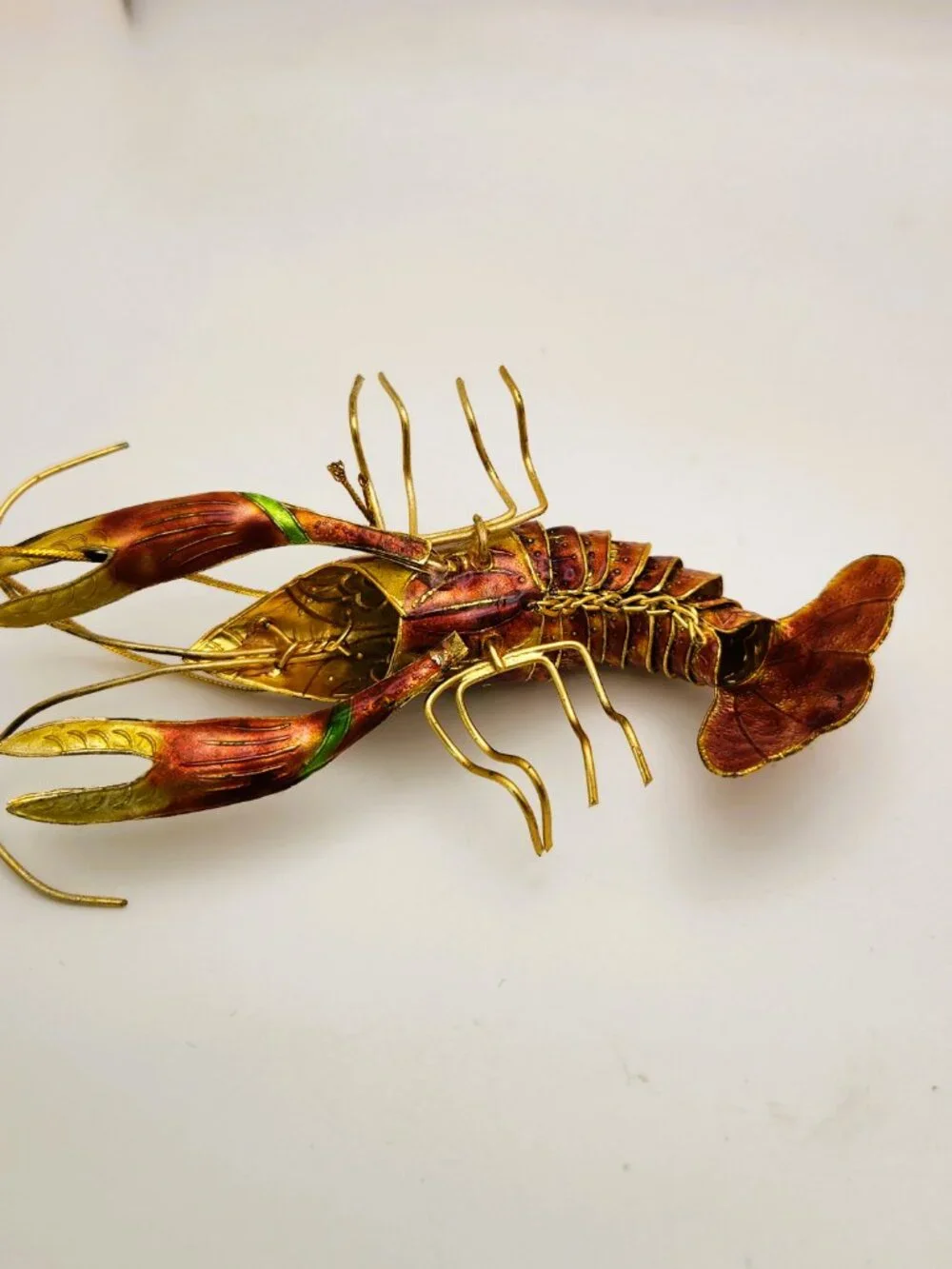 Vintage Enamel Metal Lobster Crab Ornaments Cloisonne Style Articulated Pair